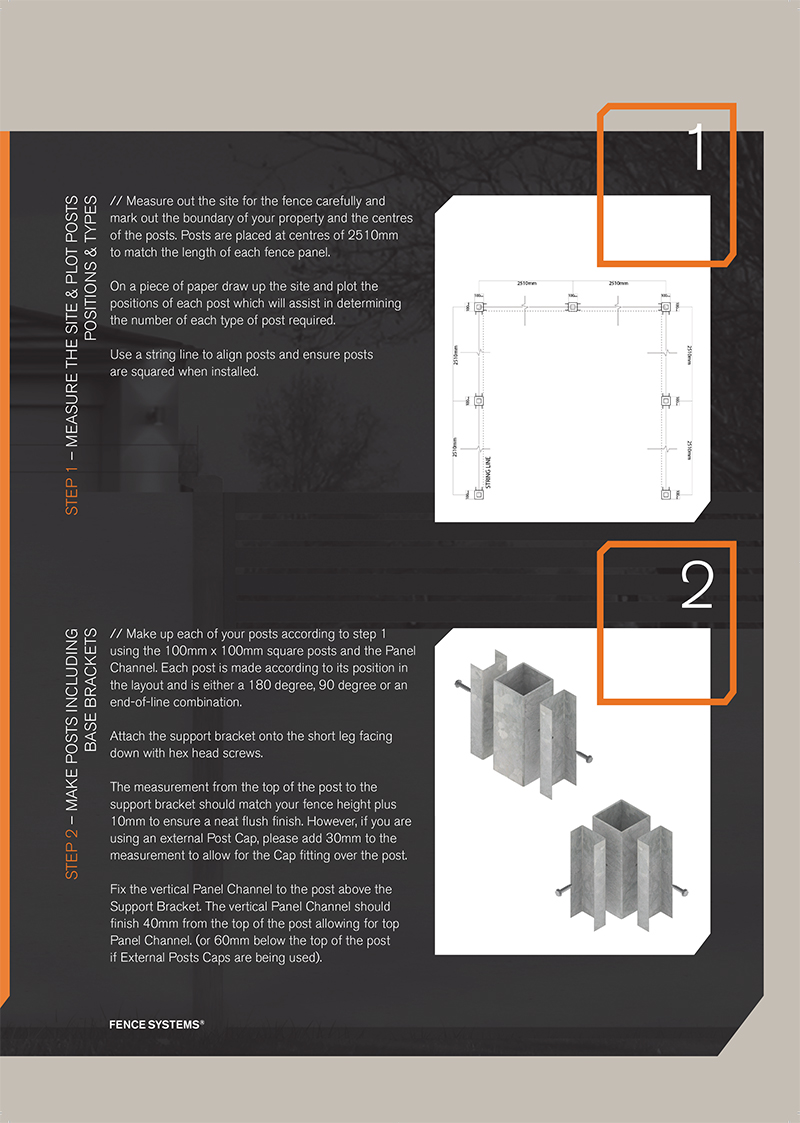 Page 2 of Quick Built Fencing Installation guide showing fence measuring steps and posts and bracket construction.