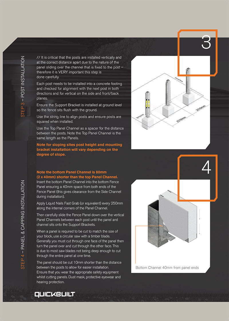 Page 3 of Quick Built Fencing Installation guide showing fence post installation and fencing panel and capping installation.