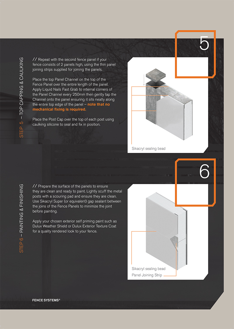 Page 4 of Quick Built Fencing Installation guide showing top capping and caulking, and painting and finishing.
